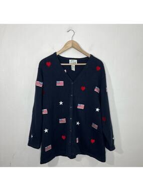 Quacker Factory American Flag Heart Stars Navy Blue Cardigan Size 1X